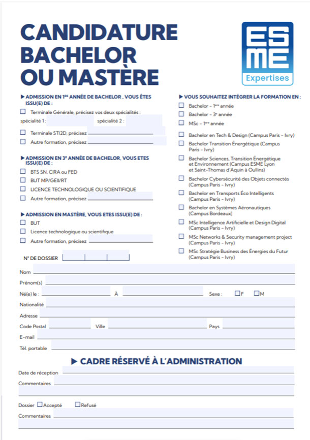 Candidature Bachelor ou Mastère